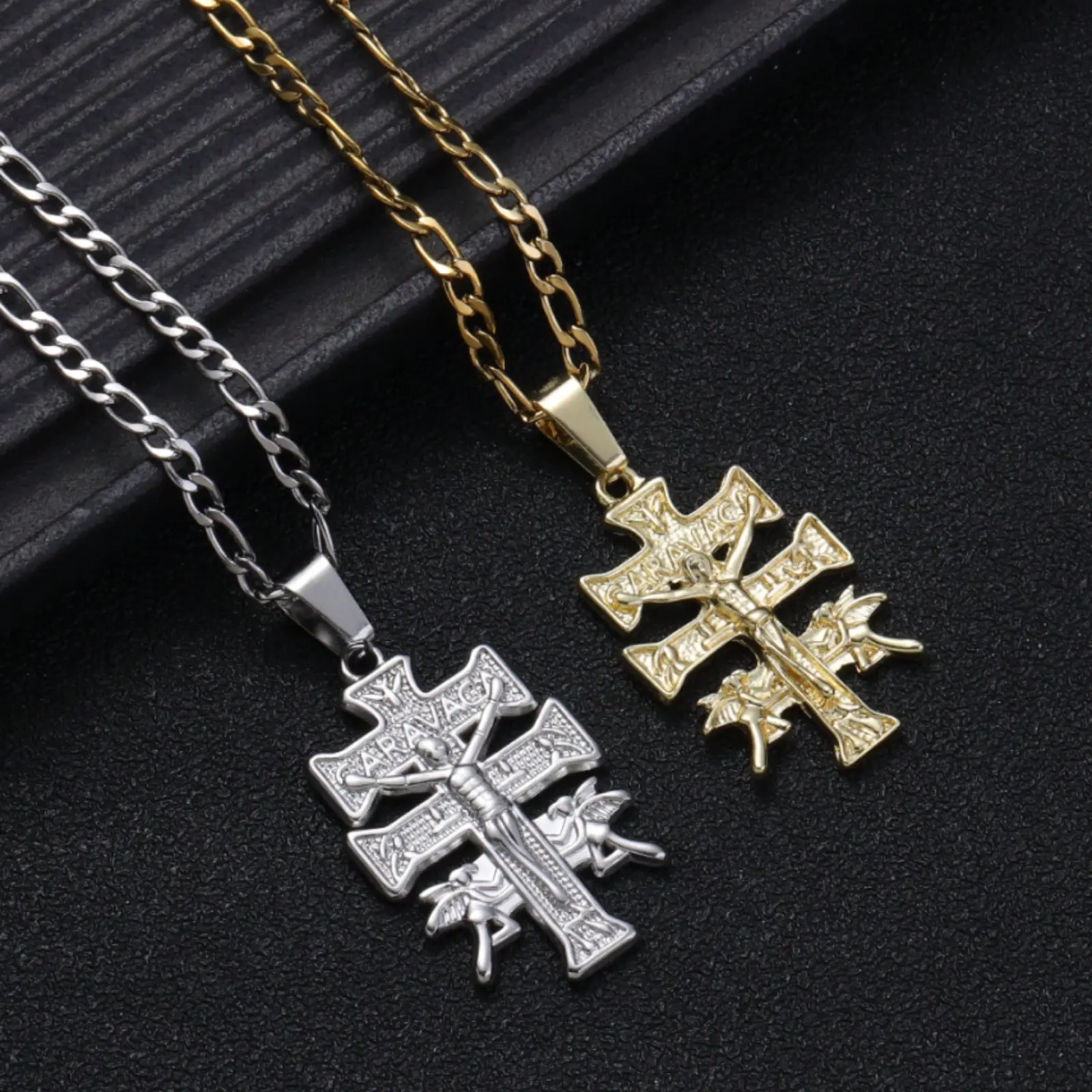 14K gold-plated Caravaca cross pendant necklace with angel chain, unisex, 3m, jewelry for men and women.