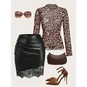 Women's Leopard Print Tops Mock Neck Long Sleeve Going Out Tops Y2K Fitted Shirt Mesh Cheetah Print Top