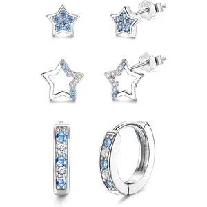 Sanfenly 3 Pairs 925 Sterling Silver Earrings for Women Girls Small Silver Hoop Earrings Cubic Zirconia Stud Earrings Hypoallergenic Heart Star Earrings Cartilage Tiny Sleeper Huggie Hoops Earrings