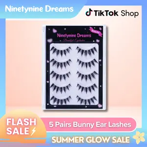 Ninetynine Dreams 5 Pairs Bunny Ear Lashes | Dramatic Spiky False Eyelashes Anime Manhua Douyin Style — Reusable Ultra-Thin Flexible Band Strip Lashes for Bold Glam Makeup Looks