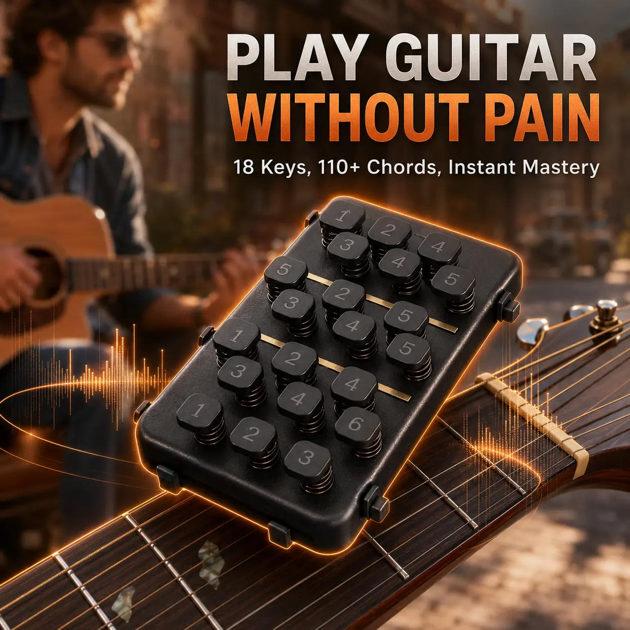 Portable guitar chord trainer | Folk guitar chord trainer | Beginner guitar learning aid | Built-in chord diagrams | Chord practice aid for absolute beginners