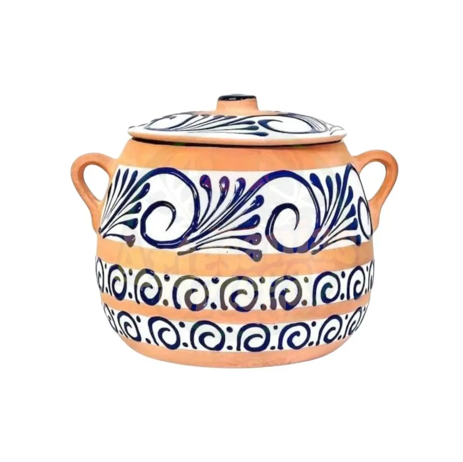 Canela Clay Pot With Lid 6 Quart Handcrafted Ceramic Olla De Barro Con Tapa Color Canela Blue Floral Design Mexican Tradition Grandma Rustic Cookware Pottery Traditional Kitchen