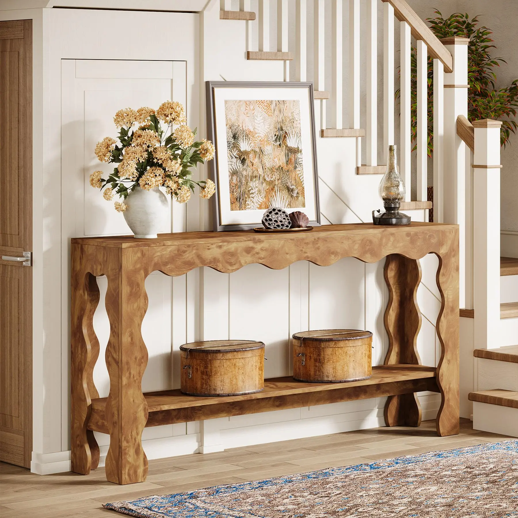 TRIBEWOOD 63" Narrow Entryway Table, 2-Tier Long Modern Console Table with Scalloped Legs, Rustic Entry Sofa Table Behind Couch for Hallway, Living Room