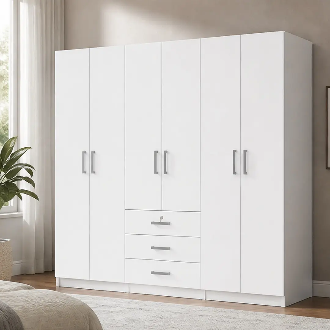 Modern Wooden Wardrobe - 6-Door Freestanding White Plywood Bedroom Storage Closet Organizer with Big Drawers, Particle Board+MDF/Plywood Material, 70.9x19.2x68 in, Assembly Required