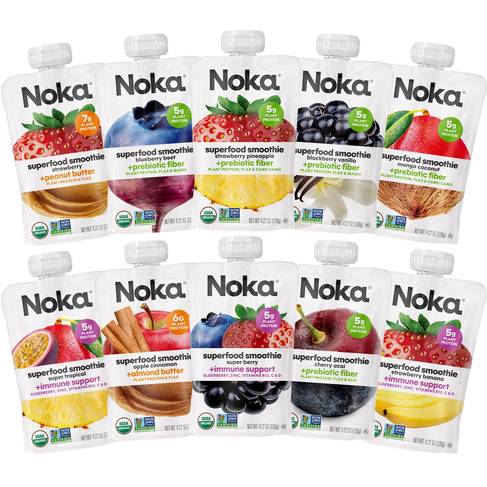Noka Superfood Fruit Smoothie Pouches, Plant Protein and Prebiotic Fiber, Vegan and Gluten Free Snacks, Organic Squeeze Pouch, 4.22 oz, 6 Packs Smoothie Pouches Healthy