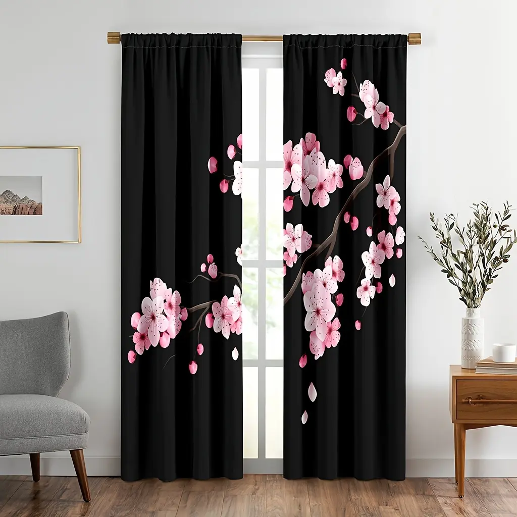 Polyester 2-Piece Cherry Blossom Floral Print Rod Pocket Curtains, Spring Home Decor for Living Room, Bedroom, Cherry Blossoms, Flower Print