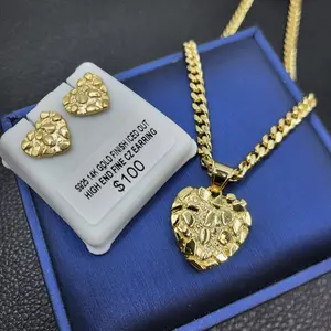 MaxBling81 14K Gold-Plated Brass Golden Nugget Heart Screw-Back Fashion Earring & 20" Necklace Gift Set, Earring for Women, Ideal for Daily Wear & Birthday Gifting