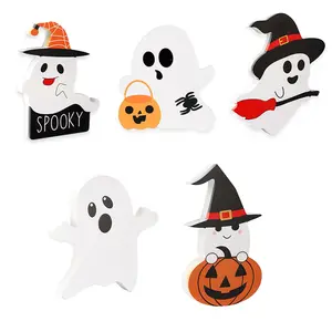 5 Pcs Cute Ghost Halloween Decorations Indoor, Wooden Tiered Tray Decor Table Sign, Spooky, Owl, Spider, Witch Broom, and Pumpkin Blocks for Office Party Home Shelf Display Decor