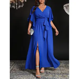 Plus Size Women's Blue V-Neck Flounce Short Sleeve Maxi Dress with High Waist & Slit Elegant Formal Party Wear wedding guest dresses graduation dresses clothes neck maxi dress Blue Strapless Ruched Maxi Dress gowns bridesmaid dresses Womenswear