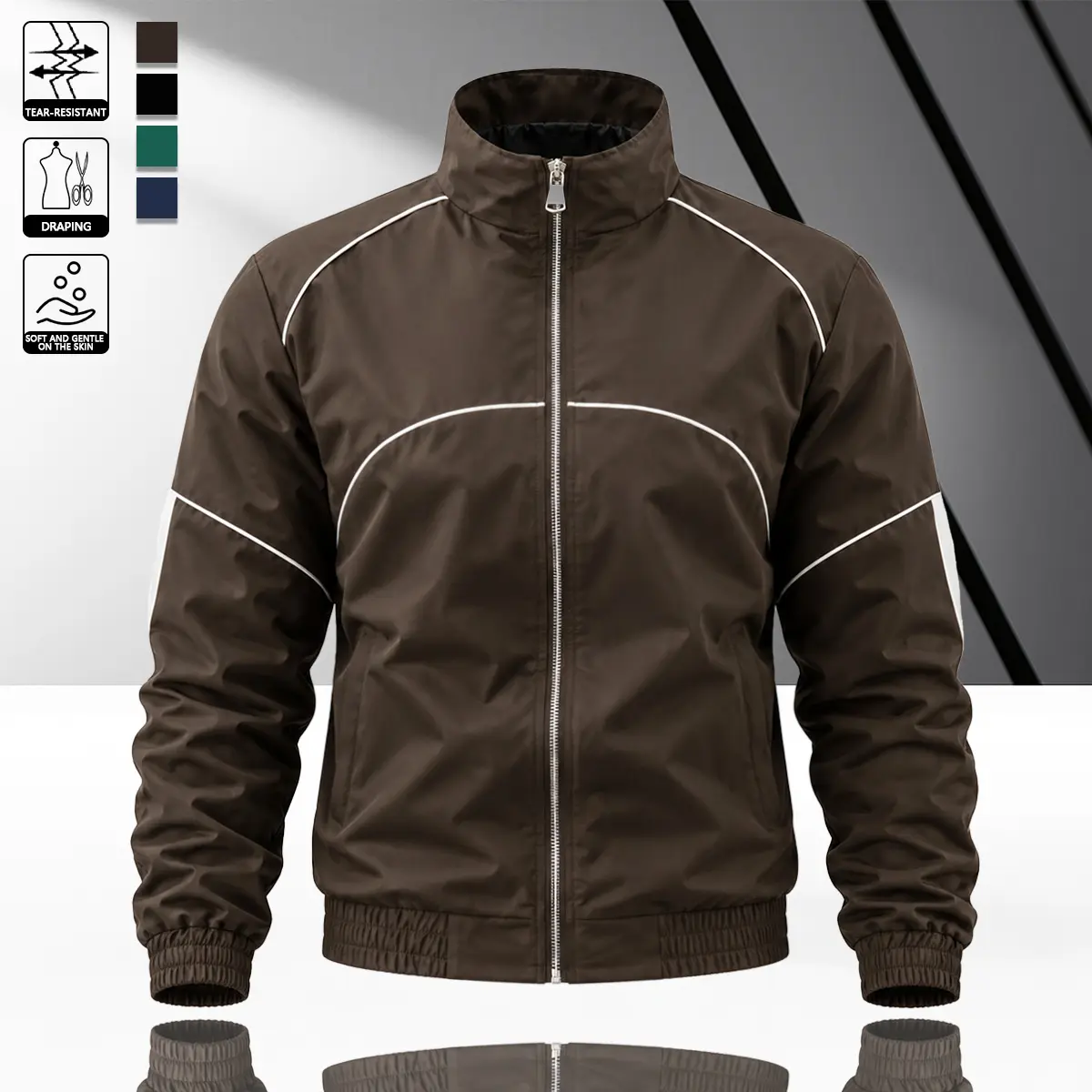 Men’s brown vintage windbreaker with white contrasting lines. Crafted from tear-resistant fabric for everyday durability, it blends ’90s sporty vibes with modern casual style—an ideal piece for streetwear outings, gym workouts, and weekend trips.