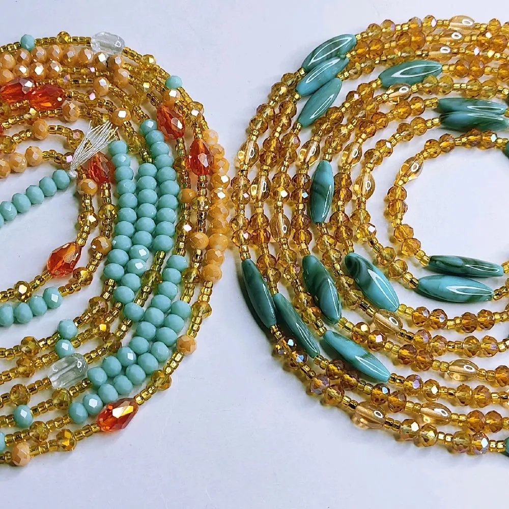 Set of 2 Luxury Sparkly Crystal Waistbeads Tie on Belly Chain with Turquoise and Amber Beads for Festive Outfits