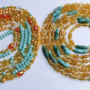 Set of 2 Luxury Sparkly Crystal Waistbeads Tie on Belly Chain with Turquoise and Amber Beads for Festive Outfits
