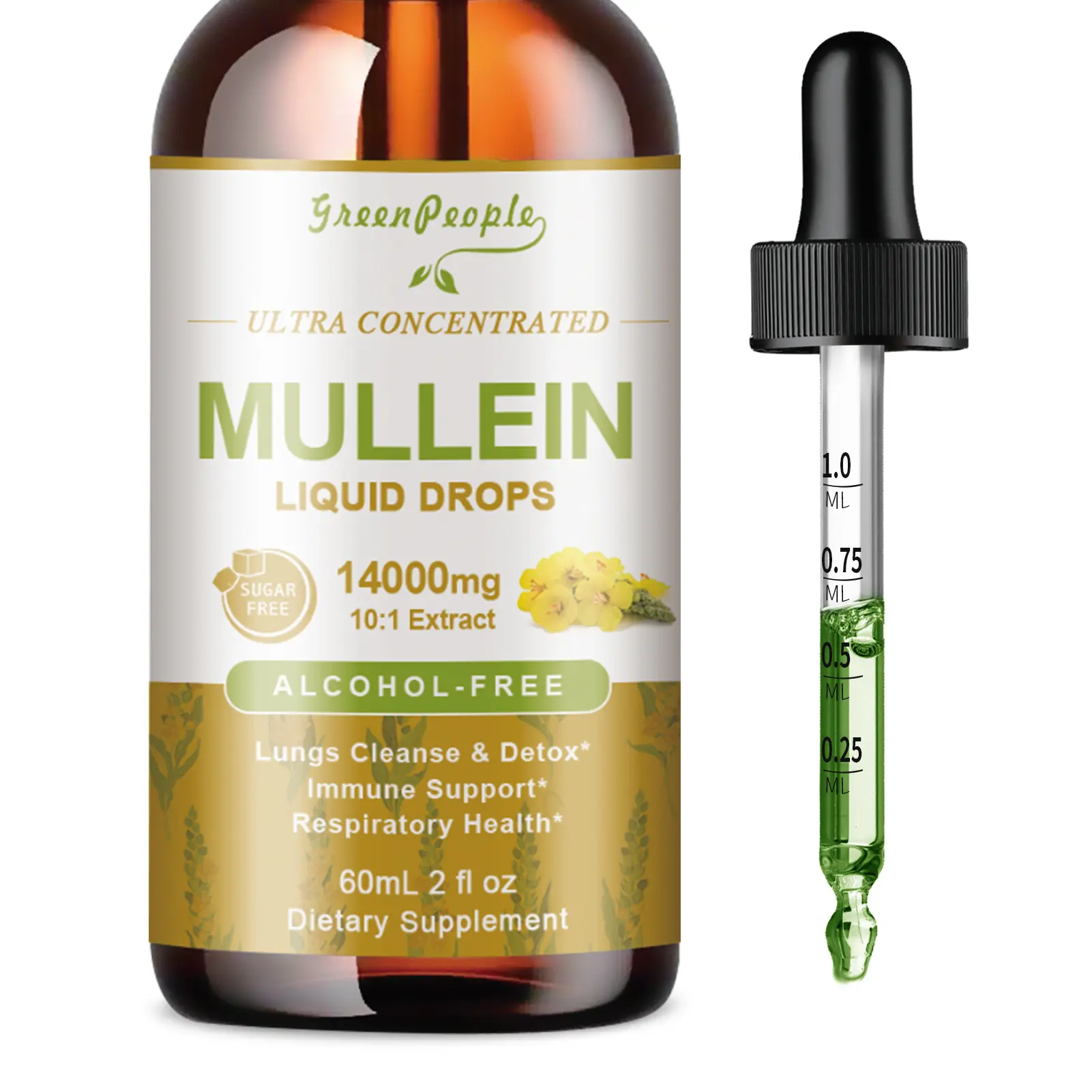 GreenPeople Ultra Concentrated Mullein Leaf Extract Drops Herbal Dietary Supplement - 14000mg 10:1 Blend with Marshmallow Root, Alcohol-Free Liquid Tincture, 2 fl oz - Immunity, Mucus Support Supplement