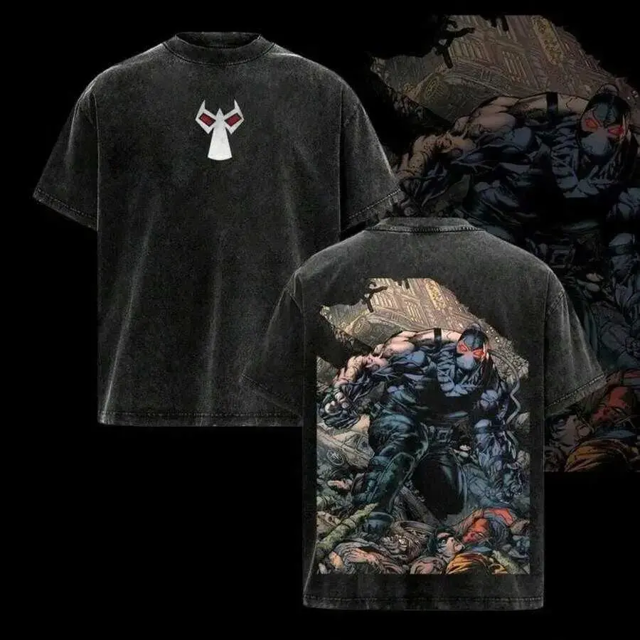 Men's Vintage Bane Edition Graphic Oversized Relaxed-Fit Short-Sleeve Soft Stylish Acid-Washed Cotton Streetwear T-Shirt, Comic Superhero TV Series Double-Printed Summer Top