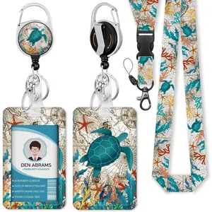 ID card lanyard, badge holder with retractable reel clip, cute turtle design name tag lanyard, stand-up ID card protector, widely applicable, exquisite gift, simple ID card holder