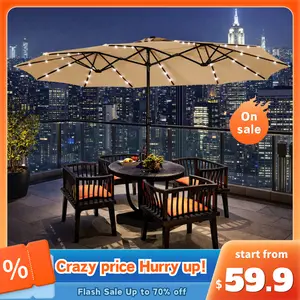 【Mother's Day Gift】Yaheetech 2026 Upgrade 15/13/9ft Large Patio Umbrella, Outdoor Double-Sided Rectangle Umbrella with 36 Solar LED Lights & Crank for Patio Garden Pool Lawn Backyard