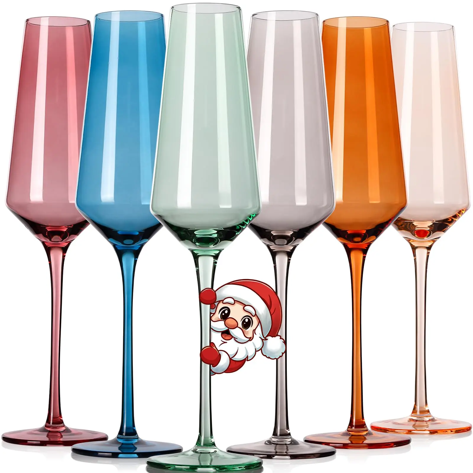 Hand Blown Colored Champagne Flutes Set of 6, Large 8 Oz Crystal Wine Glasses - Lead-Free, Great for All Occasions and Gifts - Drinkware
