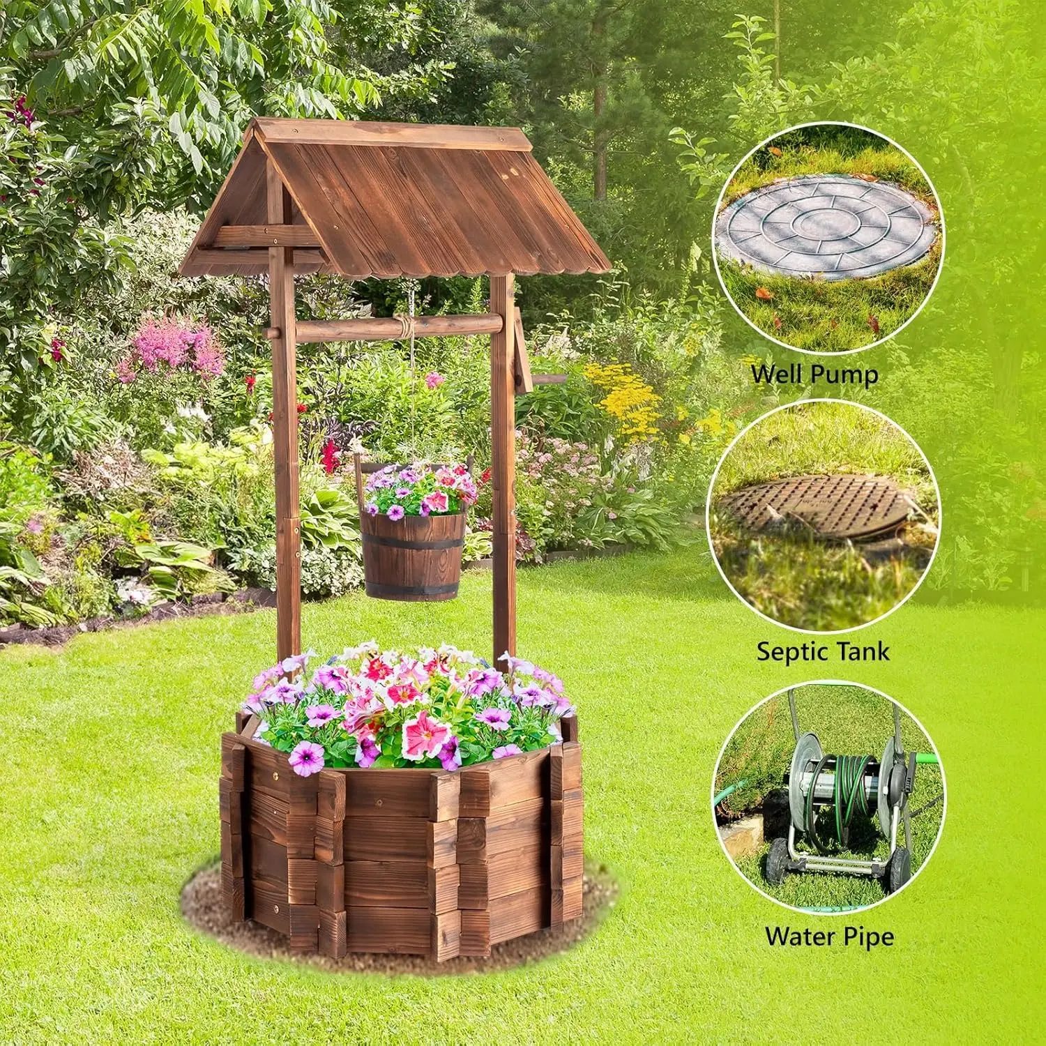 Sturdy Traditional Dual-Levels Natural Wood Wishing Well Garden Planter - Rustic Outdoor Flower Pot Box with Pitched Roof for Patio Yard, Vintage Farmhouse Decor, Thoughtful Gift for Housewarming Weddings