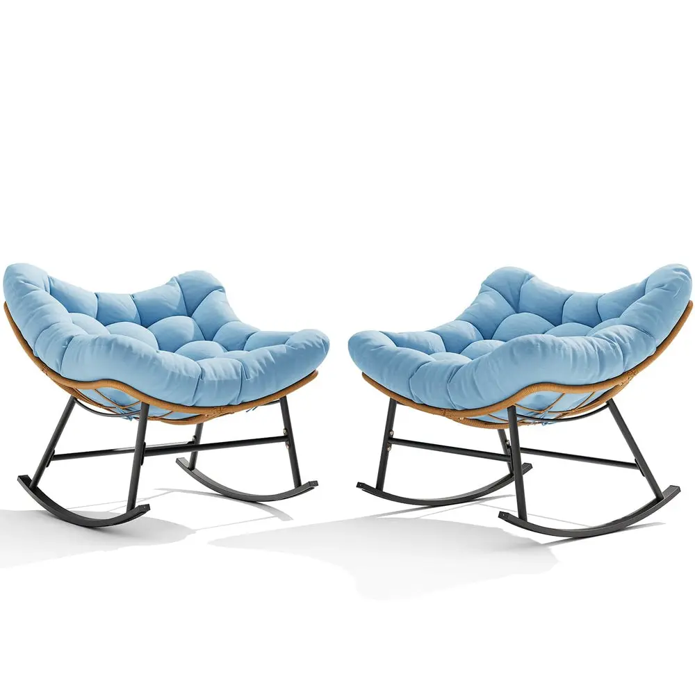 [SummerSale] Sikaic 2PCS Outdoor Rattan Rocking Chair with Thick Cushion Modern Indoor Patio Papasan Rocker, Comfy Wicker Reading Lounge, Indoor Egg Chair for Bedroom, Living Room, Balcony, Porch, Backyard, Garden, Home Furniture, Dorm Essentials