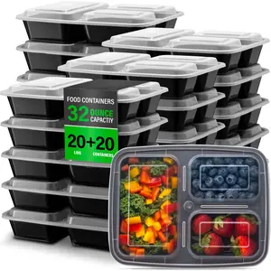 [20 Pack] 32oz 3 Compartment Meal Containers with Lids - Bento Box - Plastic - Stackable, Reusable, Microwaveable & Dishwasher Safe Set Tableware