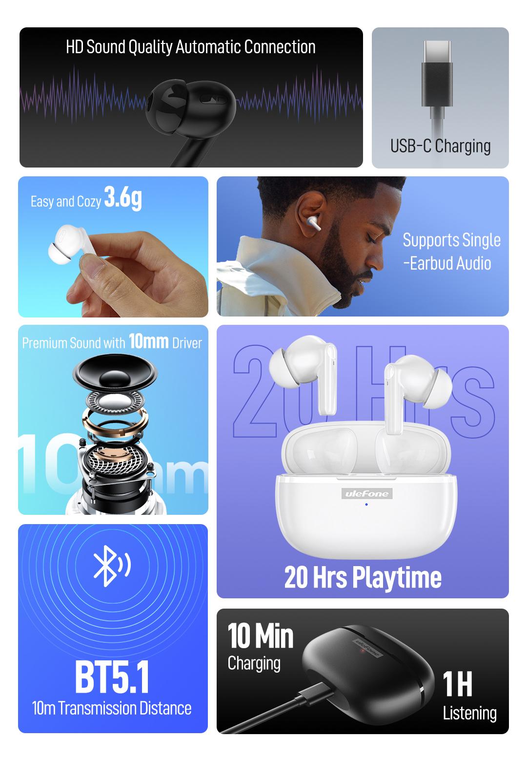 Ulefone Wireless Headphones Earbuds, in Ear Microphone, Bluetooth 5.1, Type-C Charging, Touch Control, LED Display, for iPhone/Android/iOS, Black&White