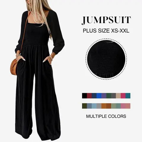 Dokotoo Women's Casual Loose Overalls Jumpsuits One Piece Long Sleeve Wide Leg Long Pant Rompers With Pockets