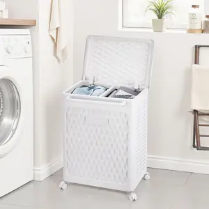 VECELO 2-Section Rolling Laundry Hamper With Lid And Handle Dividers Plastic Laundry Organizer Wheeled Basket For Bathroom, Bedroom, Laundry Room