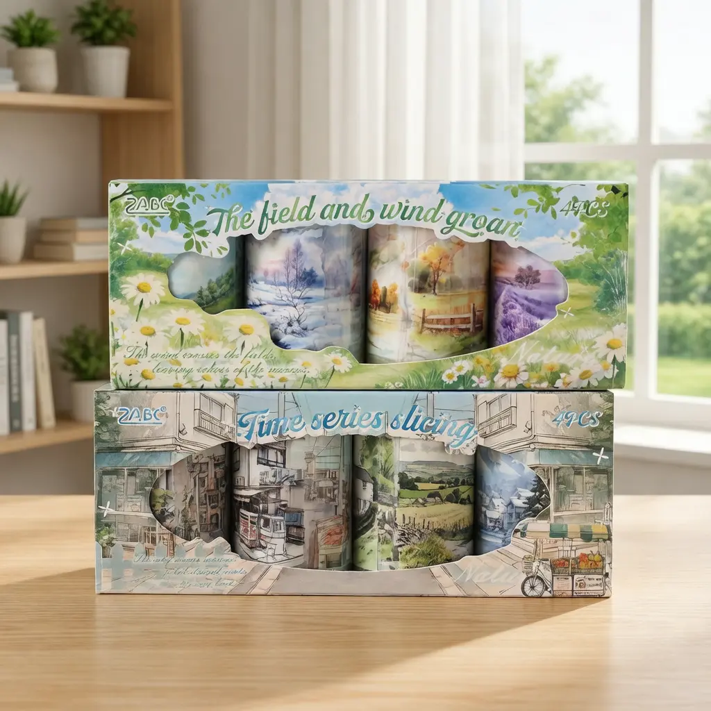 Decorative Junk Journal Washi Tape Pack, 4 Rolls 4-Seasons Nature PET Die-Cut Stickers for Scrapbooking DIY Projects, Includes Sticker Embellishment
