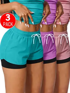 Women's Two-In-One Sport Shorts, Colorblock Elastic Waist Three-Quarter Pants, Running Gym Exercise, Summer Fashion Piece