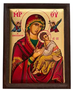 Greek Byzantine Icon of Our Lady of Perpetual Help with Serigraphy and Wooden Borders (9x7 inches)