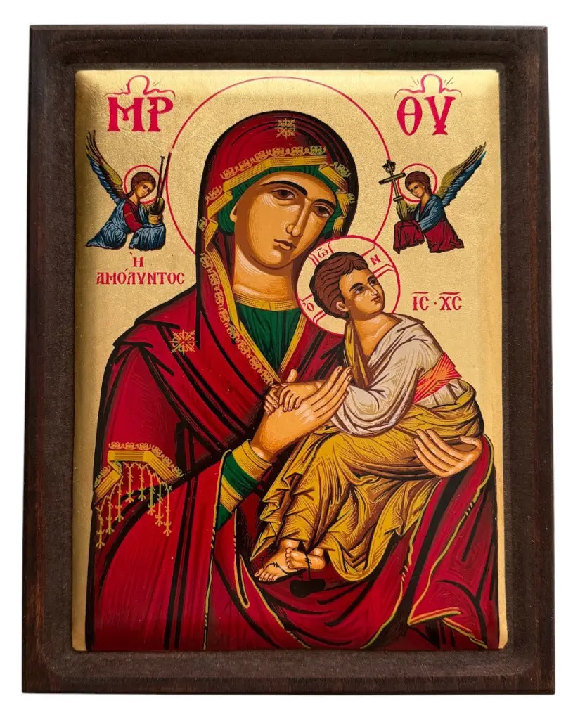 Greek Byzantine Icon of Our Lady of Perpetual Help with Serigraphy and Wooden Borders (9x7 inches)