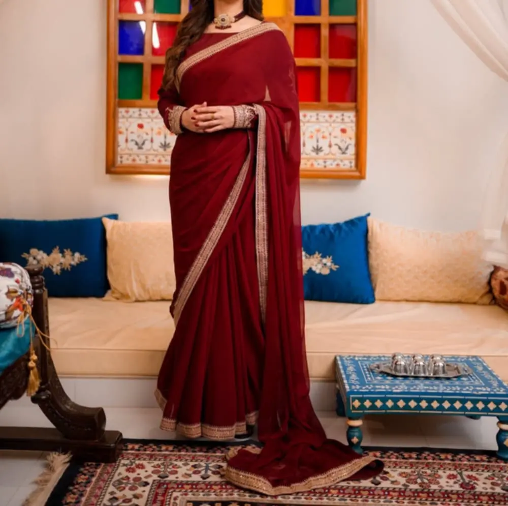 Women's 2-Piece Embroidered Stitched Ready-to-Wear Saree Set - Lightweight Maroon Chiffon Fabric Saree with Zari Work & Zari Border, Raw Silk Boat Neck Blouse with Loop Buttons Back, No Draping Hassle, Versatile Drape for Party, Wedding
