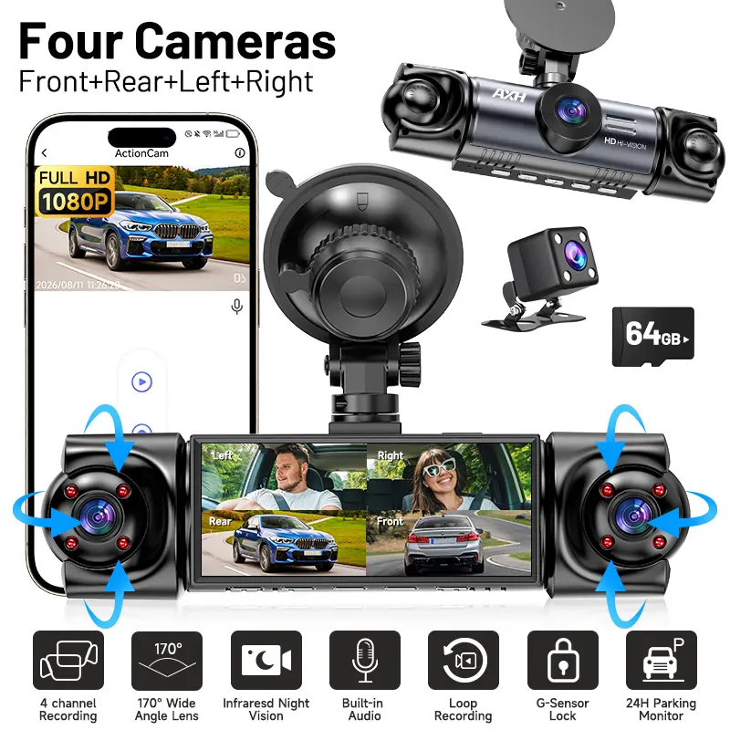 AXH 4 Channel WiFi Car Dash Cam, 1080p+720p Front & 720p Rear/Left/Right 360° Wide Angle Car DVR, Loop Recording, G Sensor, Free 64GB Card, Plug and Play Automotive Driving Safety Accessory
