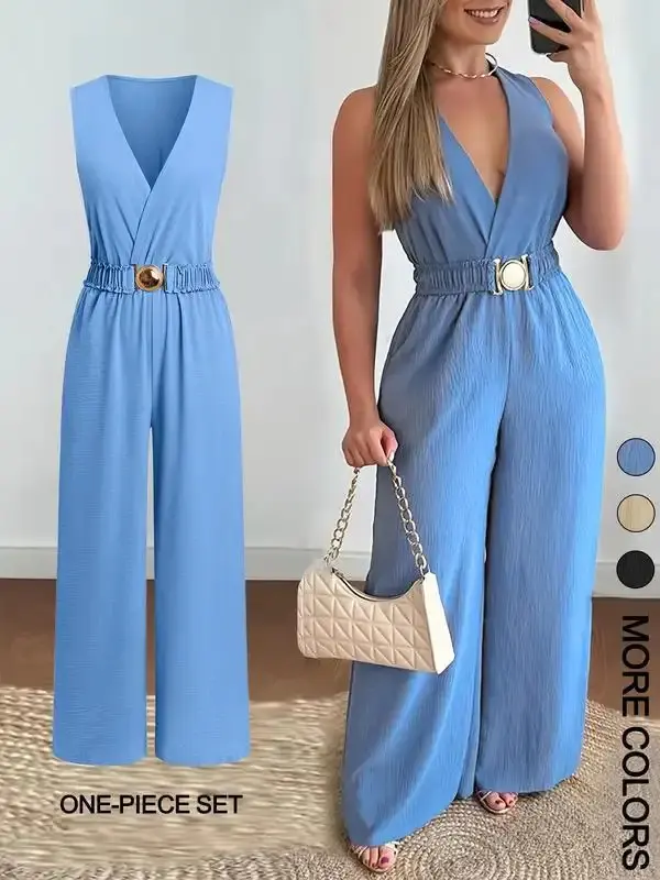 Women's Solid Belted Jumpsuit, Casual Sleeveless V Neck Loose Jumpsuit for Summer, Women's Clothes for Daily Wear, Solid Color Jumpsuit, Elastic Waist Jumpsuit, Ruched Belted Jumpsuit