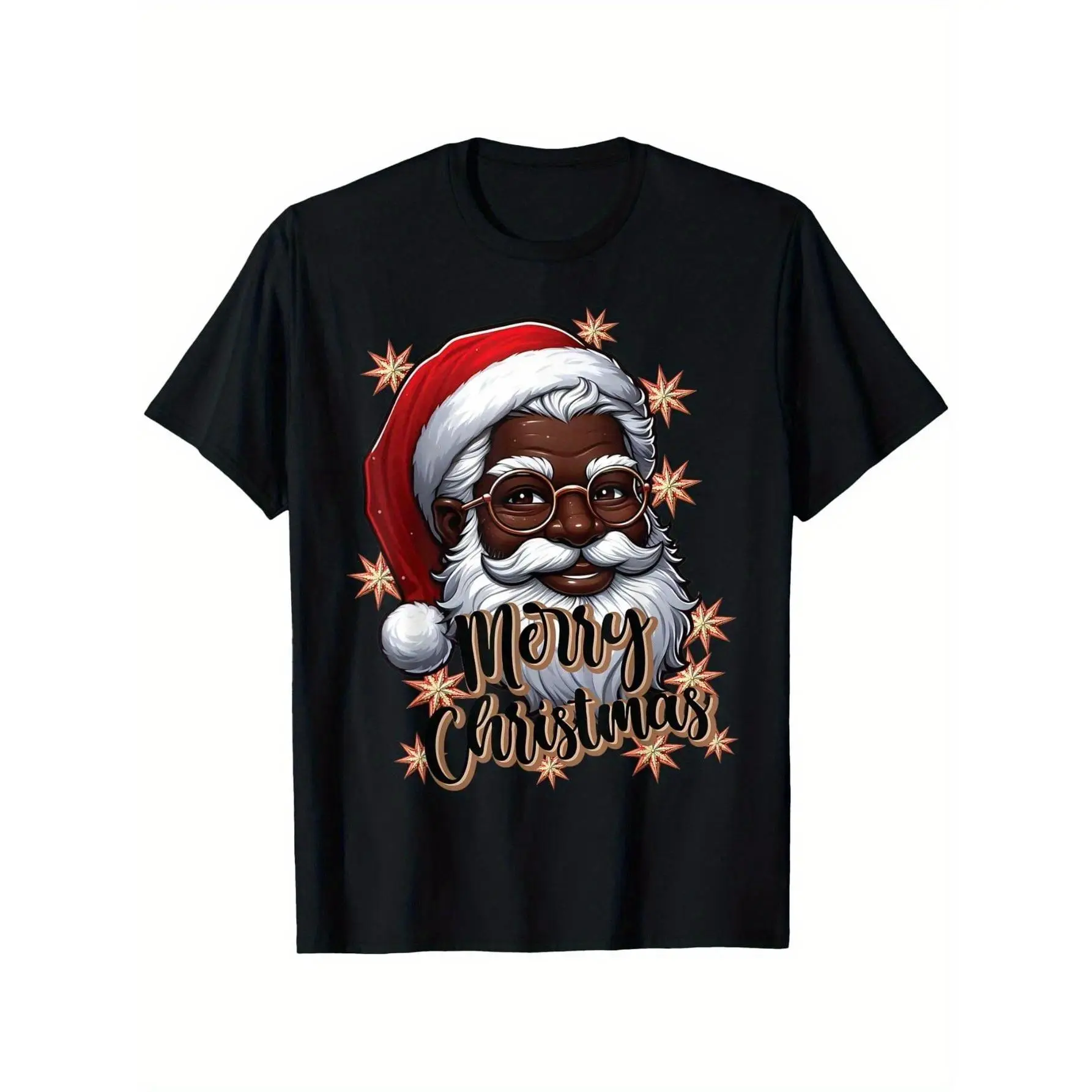[HOT] Men's Unisex 100% Cotton Round Neck Short Sleeve Black Santa T-shirt - Casual Seamless Elastic Fabric Festive Christmas Top with Humorous Beard Retro Graphic for Holiday Parties, Fashion