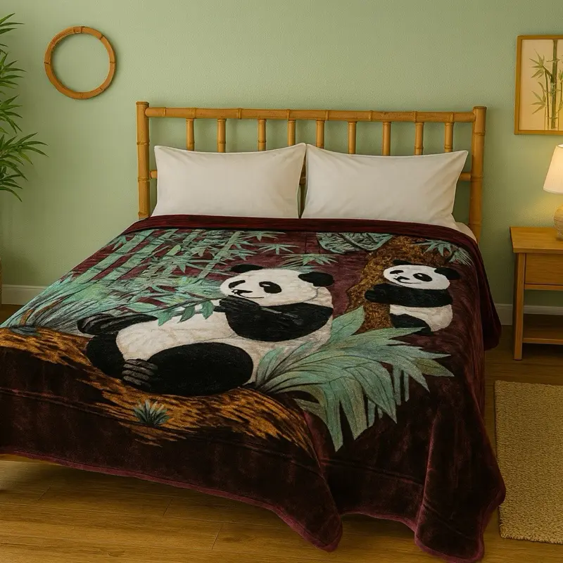 Burgundy panda faux mink Korean plush blanket