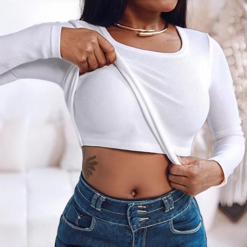 CHICME U-Neck Built-in Bra Long Sleeve Ribbed Top Shirts Elegant Skinny Fit Fabric/Women's Seamless Camisole with Bra/Ribbed Built-in Bra Crop Tank Top