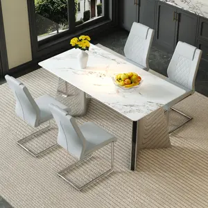 Table and chair set.63*31.4 Inch Luxurious Cold Jade Sintered Stone Dining Table Set-4 Light Gray High-quality PU Chairs With Arched Silver Metal Legs.Perfect For Dinner Room,Meeting Room,Kitchen,etc.