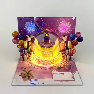 3D Pop-Up Birthday Cake Greeting Card with Lights and Music, Blowout Birthday Party Handmade Card, Unique Gift Idea for Celebrations