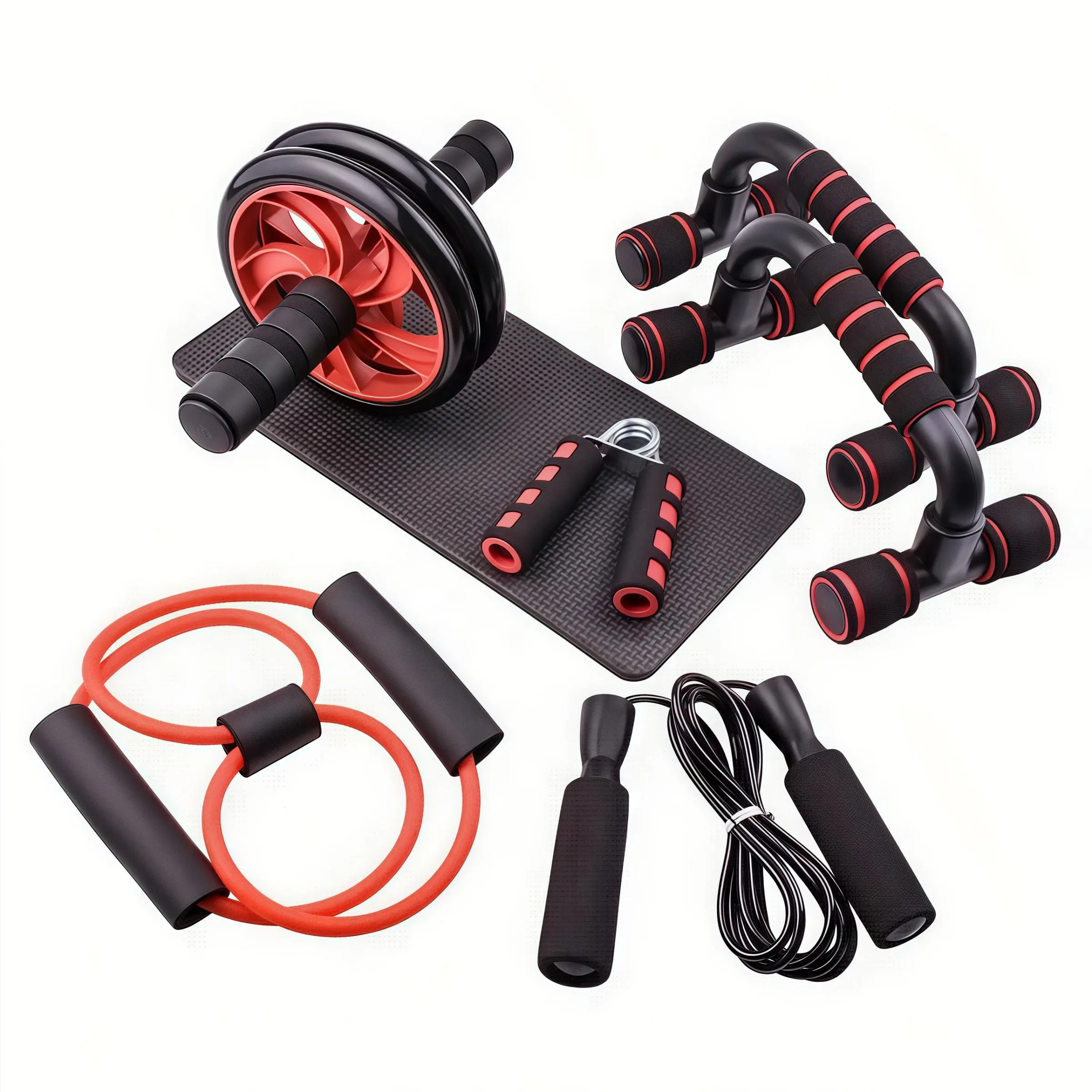 Fitness Sports Training Equipment Set, 7 Counts/set Push-up Bars, Abdominal Exercise Wheel, Jump Rope, Finger Trainer, Knee Pad, Home Gym Equipment, Abdominal Exercise Roller, Abdominal Workout Equipment, Ab Strength Equipment