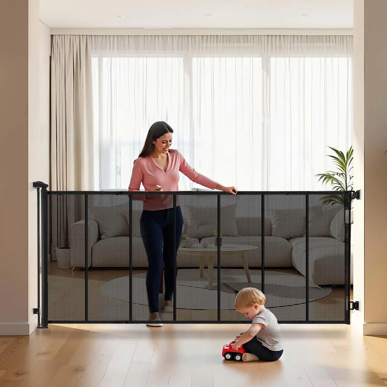 Retractable Baby & Pet Safety Gate - 120 in Extra Wide, 38.5 in Tall, Reinforced Mesh with Fiberglass Support Strips, Anti-Crawl Ground Hook, Childproof Lock, Damage-Free Baseboard Mount, No-Trip Barrier for Doorway, Deck