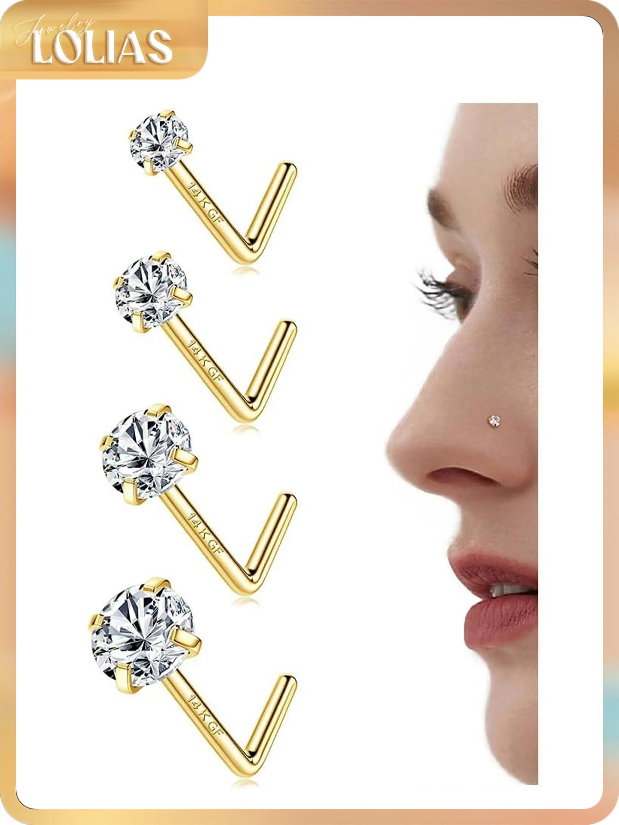 LOLIAS 14K Gold Filled Nose Studs 316L Surgical Steel Nose Rings Studs 6A Cubic Zirconia Corkscrew L Shaped Nose Piercing Hypoallergenic Nose Rings for Women Men 20G