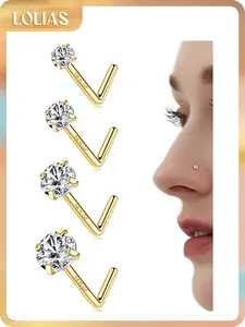 LOLIAS 14K Gold Filled Nose Studs 316L Surgical Steel Nose Rings Studs 6A Cubic Zirconia Corkscrew L Shaped Nose Piercing Hypoallergenic Nose Rings for Women Men 20G
