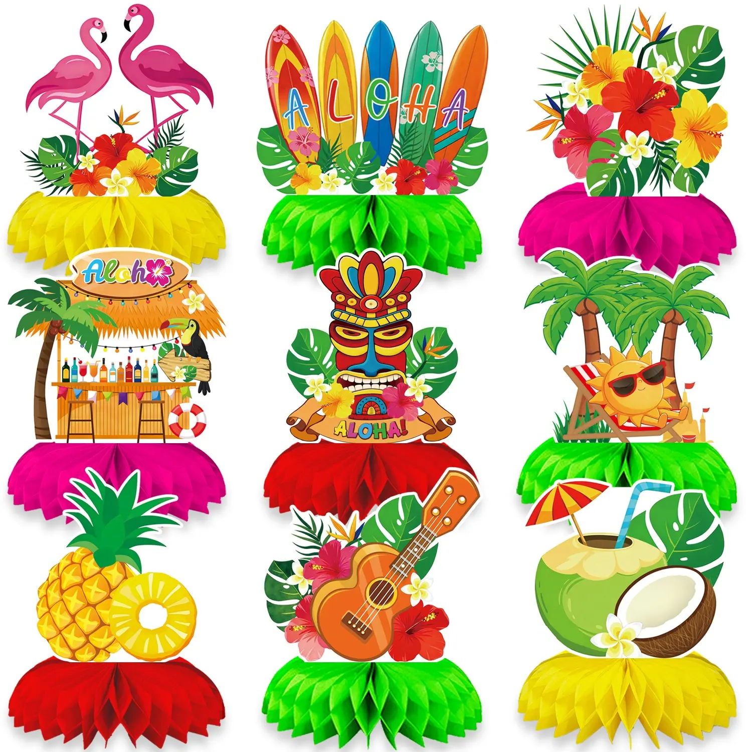 9PCS Hawaiian Luau Party Decorations Hawaiian Luau Honeycomb Centerpieces, 3D Double Side Luau Centerpieces for DIY Tables Tropical Hawaiian Birthday Themed Party Decorations Supplies Decorative Props Party Decor Design Party Decoration Set