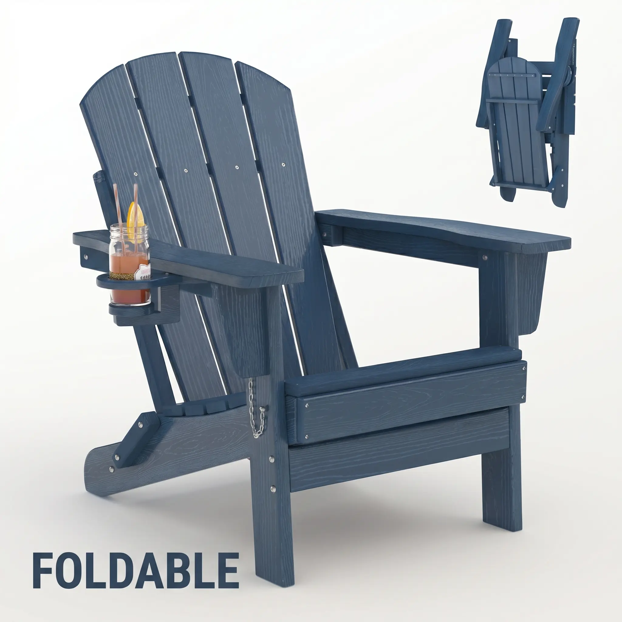 【Summer Sale】Folding Adirondack Patio Chair - All-Weather HDPE Outdoor Chair with Wooden Texture & Cup Holder, Weather Resistant Lawn Chair for Garden, Deck, Fire Pit