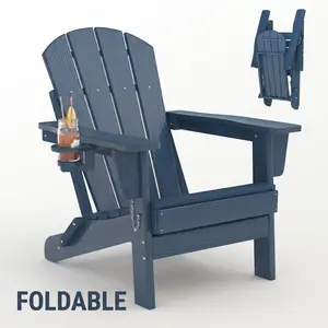【Summer Sale】Folding Adirondack Patio Chair - All-Weather HDPE Outdoor Chair with Wooden Texture & Cup Holder, Weather Resistant Lawn Chair for Garden, Deck, Fire Pit