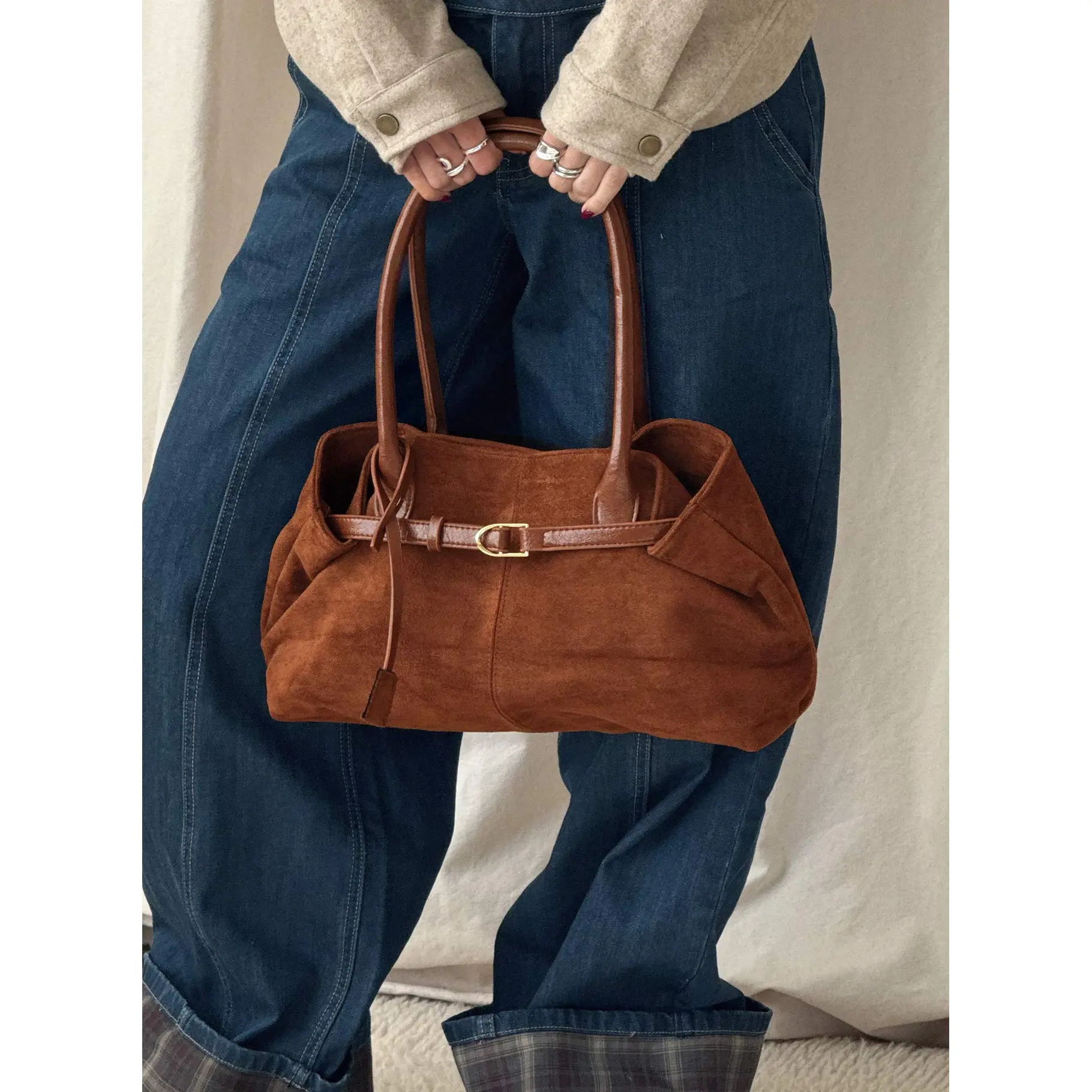Yearning Faux Suede Buckle Detail Shoulder Bag Brown