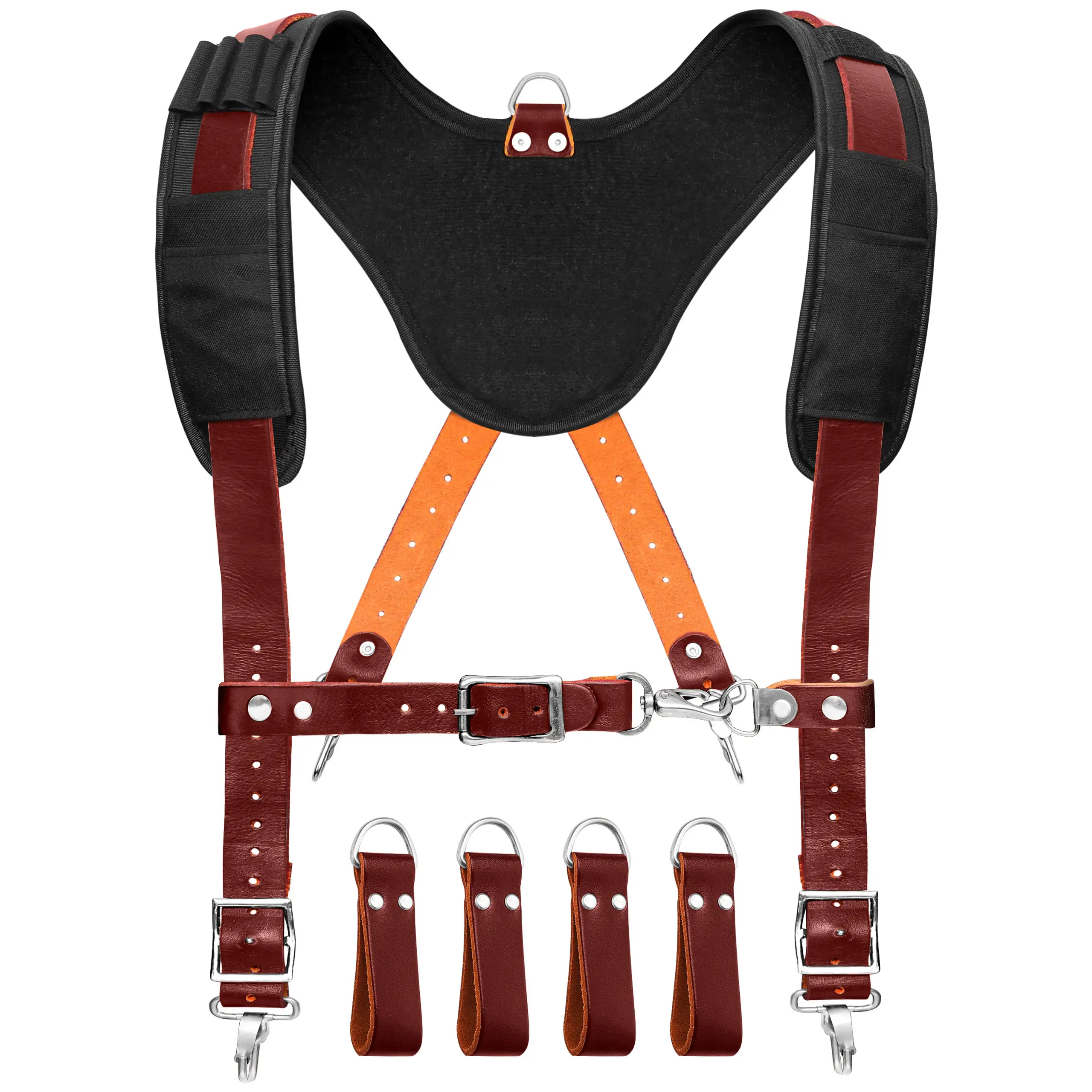 FUERI Leather Tool Belt Suspenders (Heavy-Duty Foam Padding, 4 Detachable D-Loops, Adjustable Clips) – Maroon Grain Leather, Ideal for Carpenters, Ele