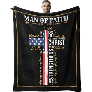 Christian Man of Faith Flannel Slogan Blanket - Bible Verse, Patriotic Motif, American Flag, Cross Detail Prints, Soft Cozy Warm Plush Throw, I Can Do All Things Through Christ, Father's Day Gift for Christian Men, Bedroom Decor, Patriotic Motif Blankets