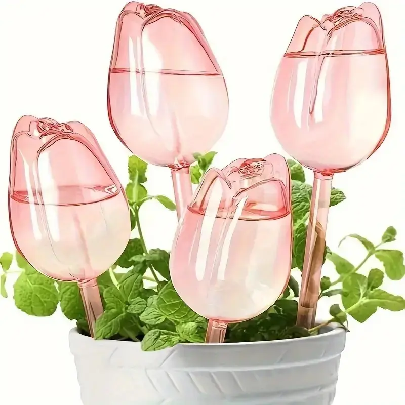 Self-Watering Tulip-Shaped Globes Set, 4 Pack Transparent Plastic Globes, Indoor & Outdoor Automatic Plants Watering, 3-7 Days Cycle, Garden Care Gift, Garden Accessories, Garden Supplies, Plant Watering Tool, Automatic Watering Kit